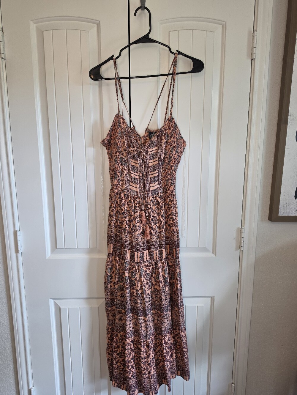 Angie Boho Paisley Print Tiered Maxi Dress Peach Coral Size L